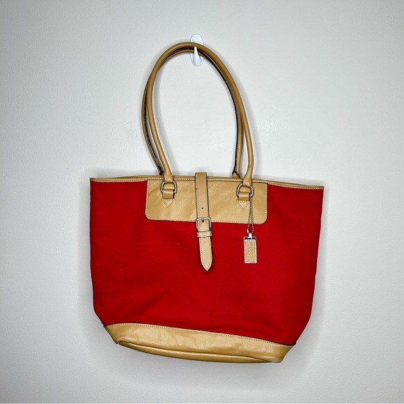 Covington Leather and  Canvas Red Tote with Buckle - Picture 1 of 10